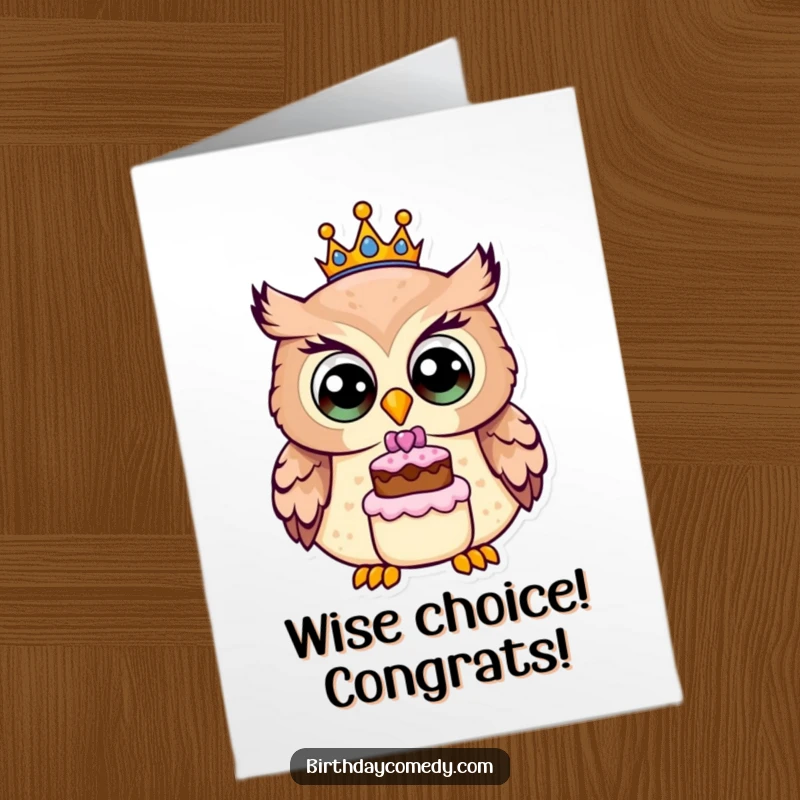 Funny Free Printable Congratulations Card: A smiling owl in a birthday crown holds a tiny cake, celebrating an achievement.