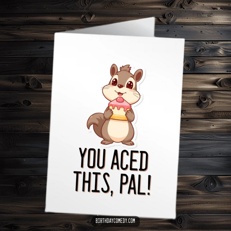 Funny Free Printable Congratulations Card: Playful squirrel with cake slice, a cute and humorous downloadable congratulations.