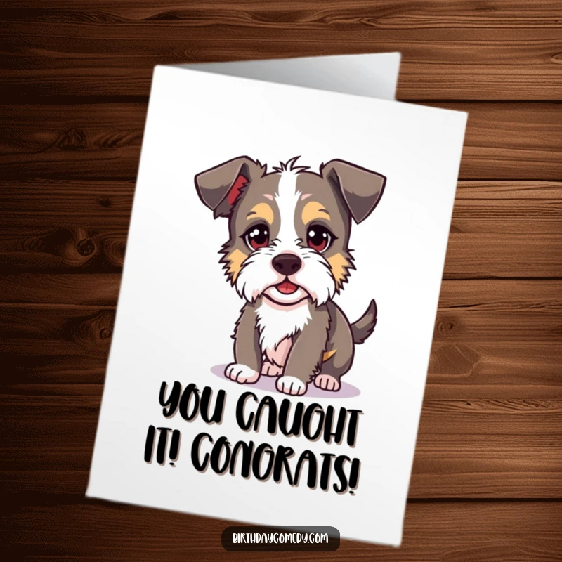 Funny Free Printable Congratulations Card: A silly terrier madly chasing its own shadow in celebration.