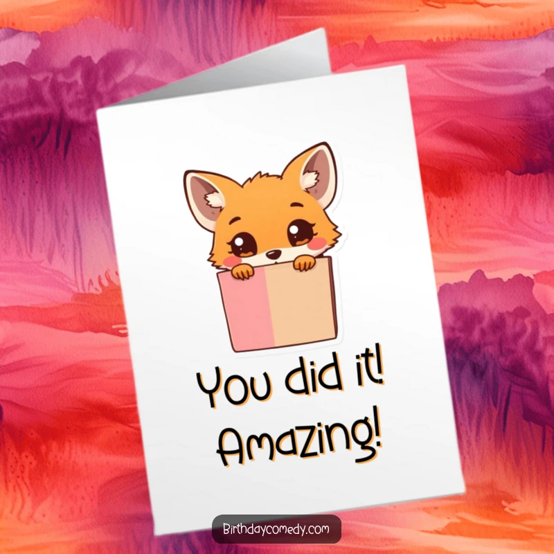Free Printable Congratulations Card: A tiny fox emerges with wide, curious eyes from behind a bursting gift box.