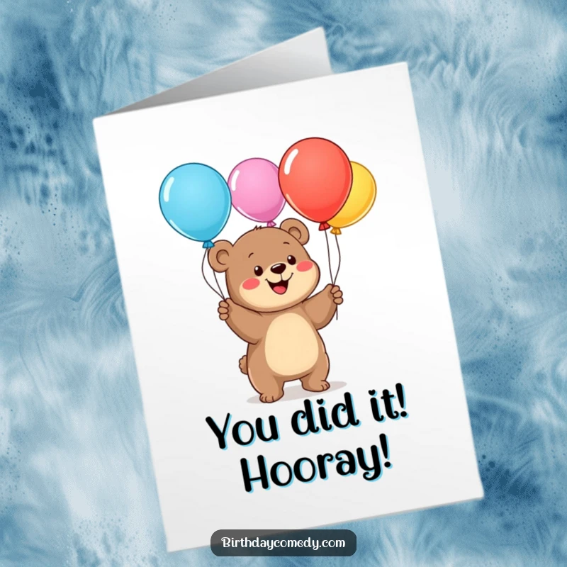 Funny Free Printable Congratulations Card: Adorable bear cub masterfully juggling multiple colorful balloons, celebrating success.