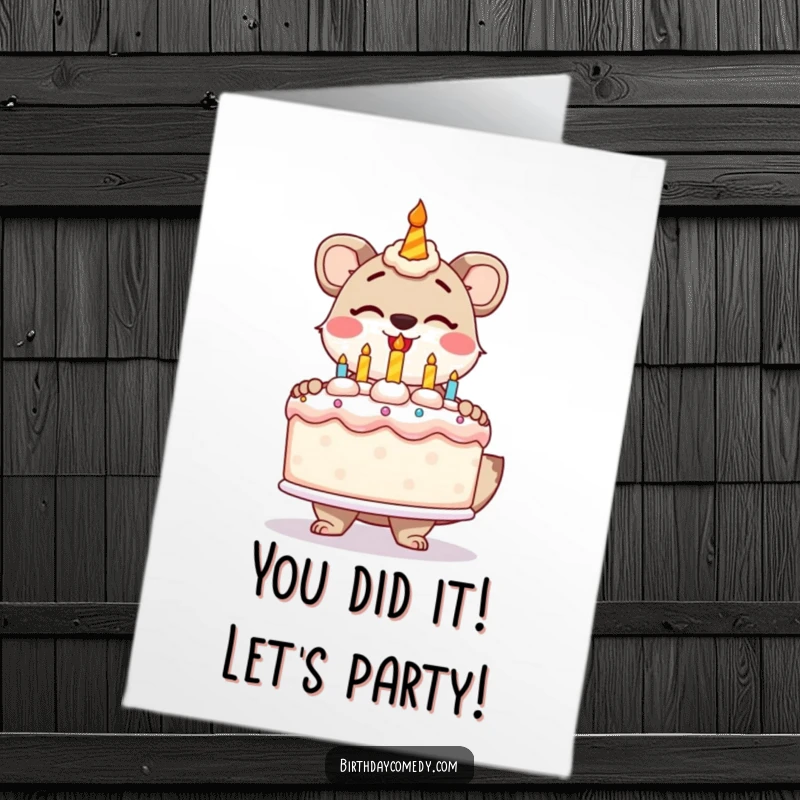 Funny Free Printable Congratulations Card: Stylized animal gleefully presenting a giant frosted cake, celebrating success.