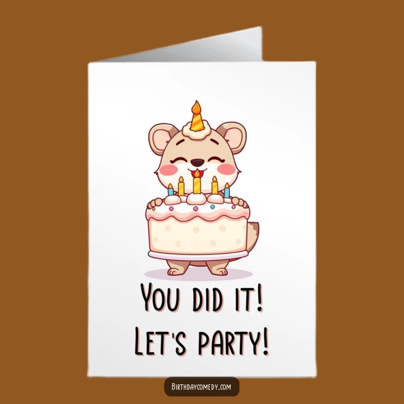 Free Printable Funny Congrats Card: Joyful Animal & Cake, Downloadable Celebration