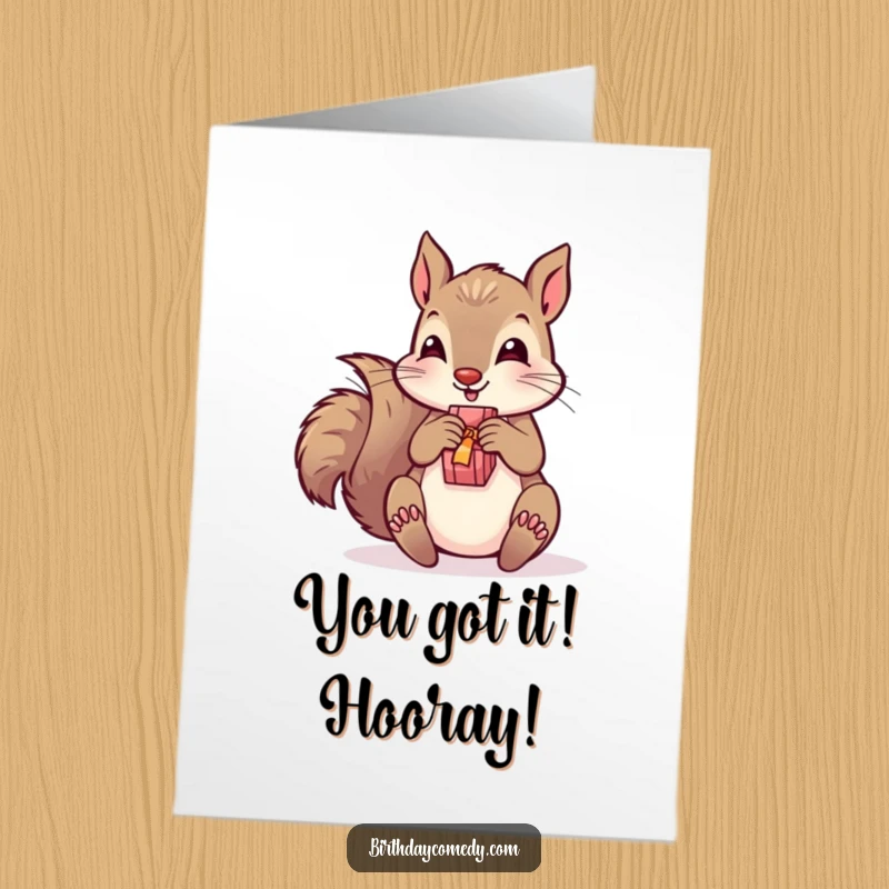 Funny free printable congratulations card featuring a playful squirrel joyfully unwrapping a small gift, celebrating.
