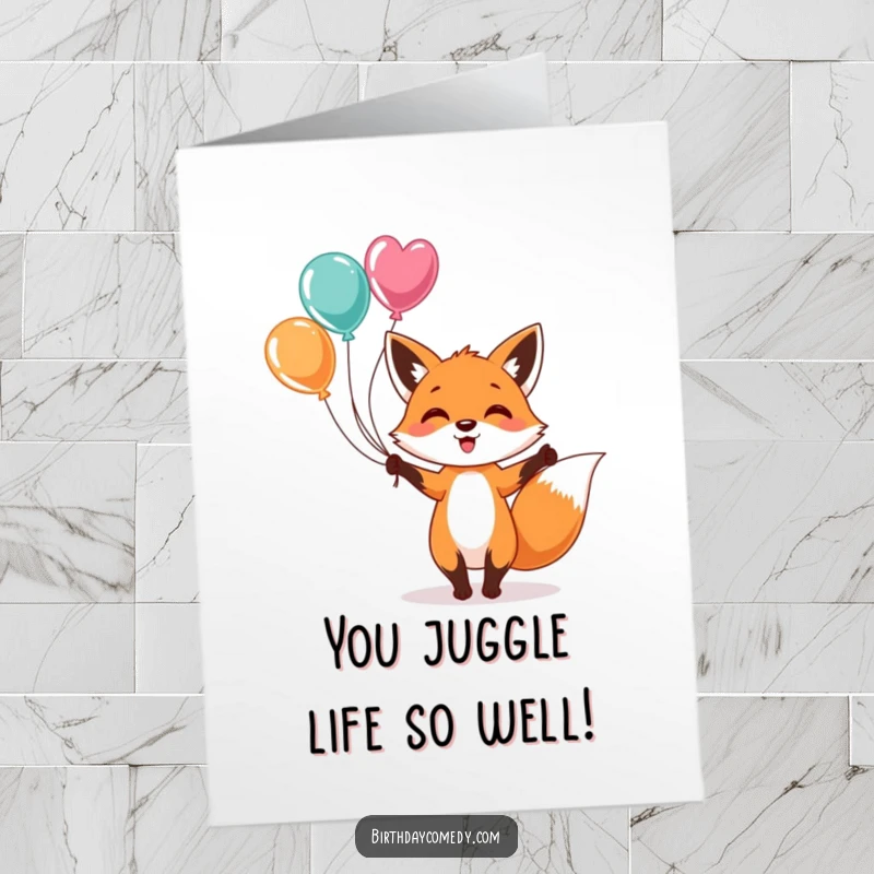 Free Printable Congratulations Card showcasing a happy fox energetically juggling a rainbow of colorful balloons with glee.