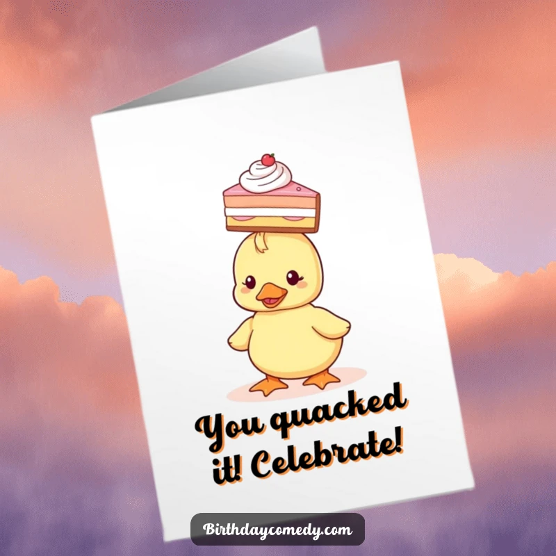 Funny free printable congratulations card showing a cute duckling precariously balancing a slice of cake on its head, symbolizing sweet success.