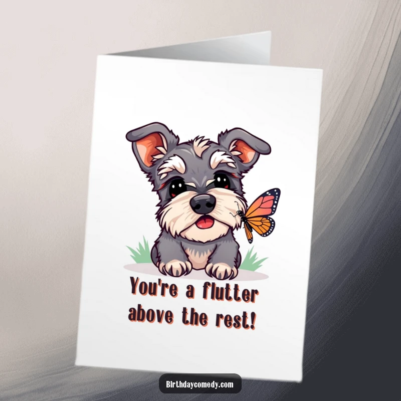 Funny Free Printable Congrats Card: Playful schnauzer, head tilted, watching a butterfly, celebrating success with a humorous, downloadable design.