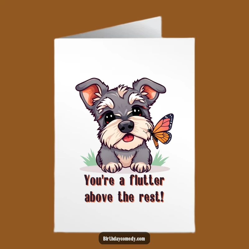 Free Printable Congrats Card: Playful Schnauzer Butterfly Funny Dog Downloadable Gift