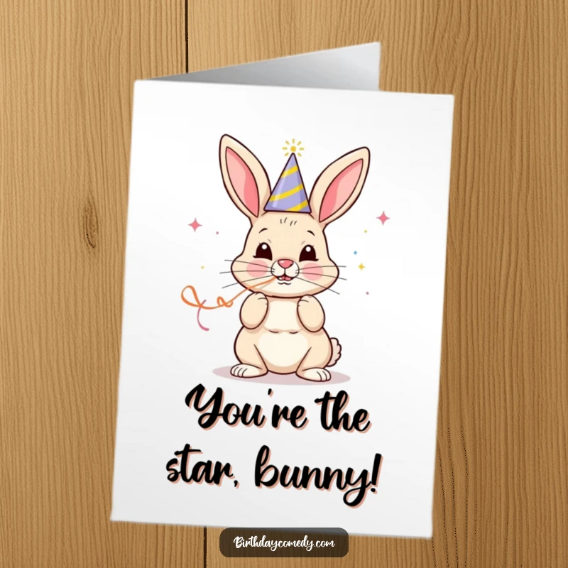 Funny Free Printable Congratulations Card: A cheerful bunny in a party hat blowing a streamer with sharp focus, celebrating your victory.