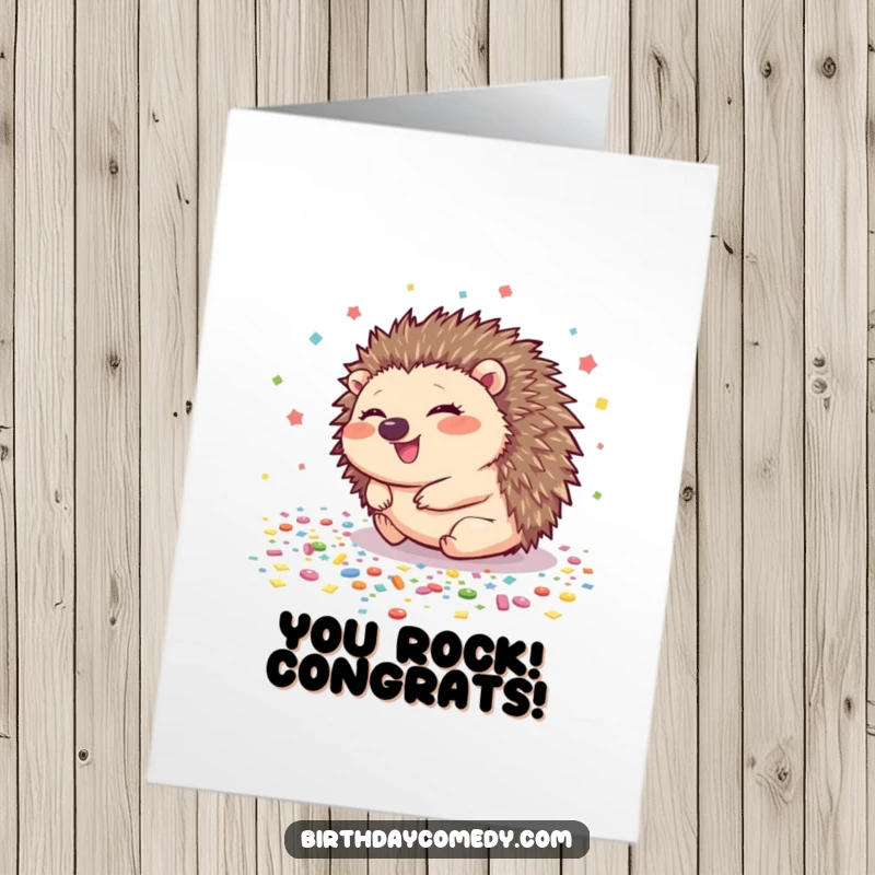 Funny Free Printable Congrats Card: Giggling hedgehog rolling on confetti, celebrating achievements with pure joy.