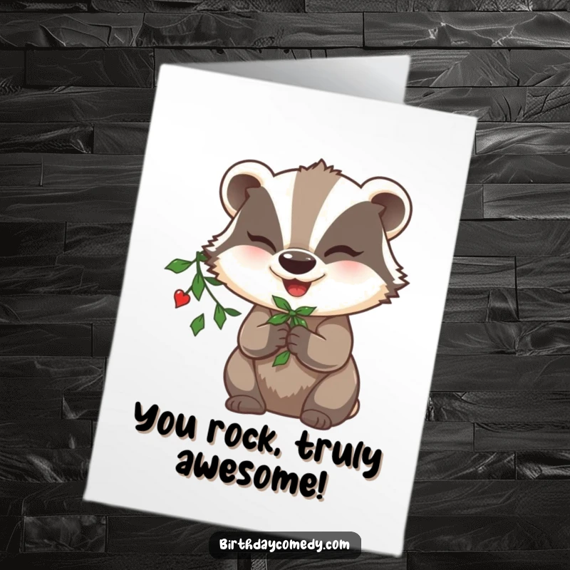 Funny free printable congratulations card showing a happy badger winking and holding mistletoe in its paw.