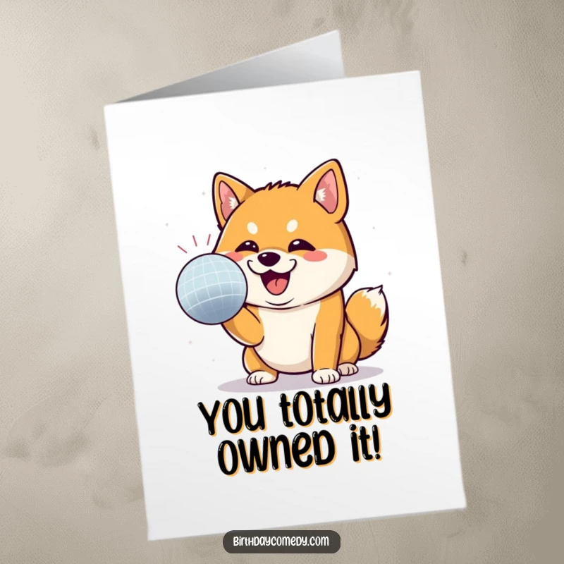 Funny Free Printable Congratulations Card: A Shiba Inu joyfully playing with a disco ball, marking a special achievement.