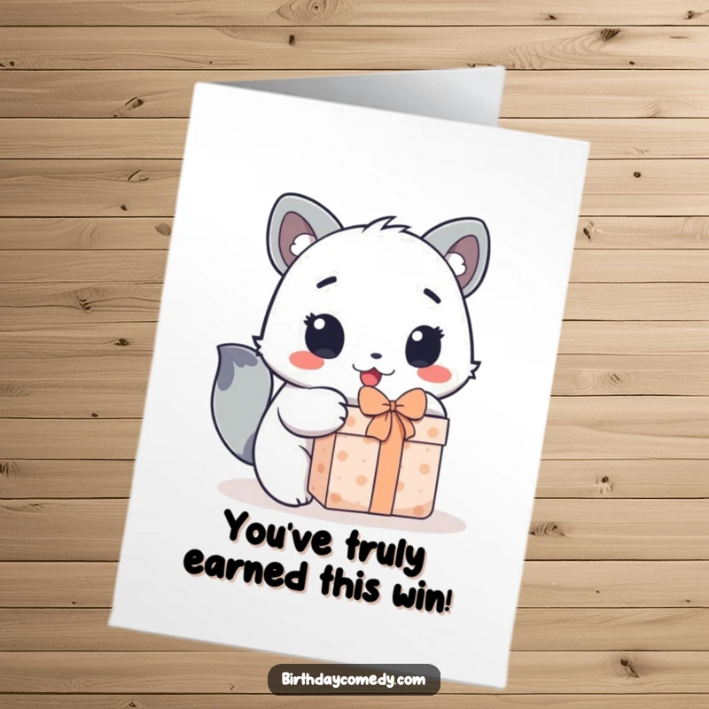 Funny Free Printable Congratulations Card: Cute animal eagerly unwrapping a gift with wide, excited eyes, celebrating success.