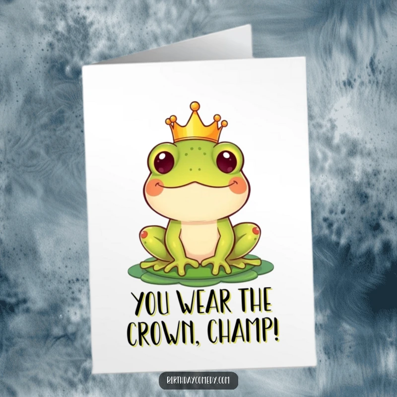 Funny Free Printable Congratulations Card: Crowned frog balancing lily pad hat, celebrating big wins with style.