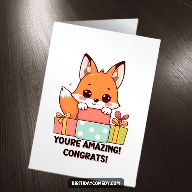 Funny Free Printable Congrats Card: Cute fox peeking from gifts, celebrating achievements with wide-eyed joy.