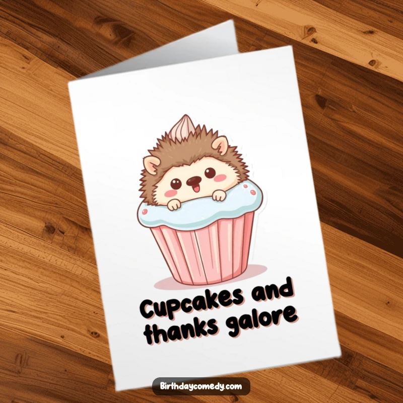 Funny Free Printable Thank You Card: A happy hedgehog peeking with excitement from behind an enormous, frosted cupcake.