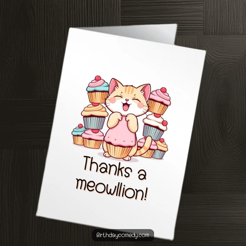 Funny Free Printable Thank You Card: Giggling cat with cupcakes, a humorous downloadable way to say thank you.