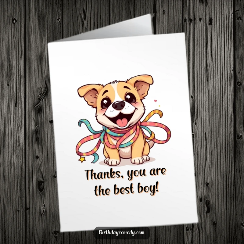 Funny Free Printable Dog Thank You Card: Silly dog happily tangled in colorful ribbons, offering thanks.
