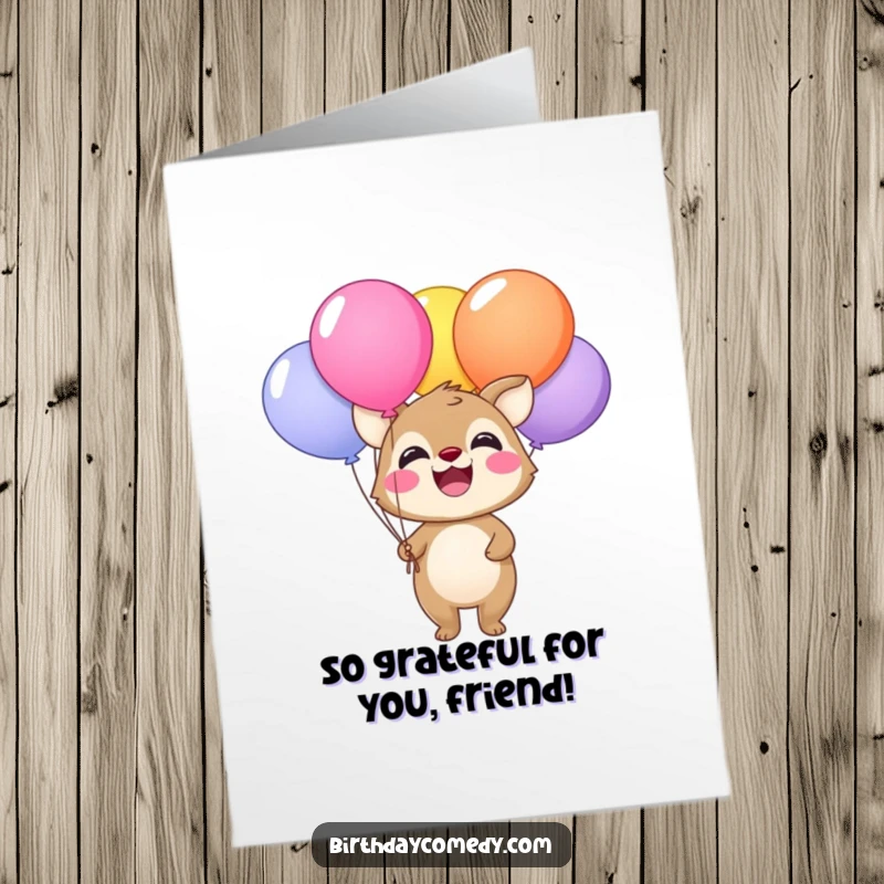Funny Free Printable Thank You Card: Cheerful animal holding a bunch of bright balloons, a delightful way to express thanks.