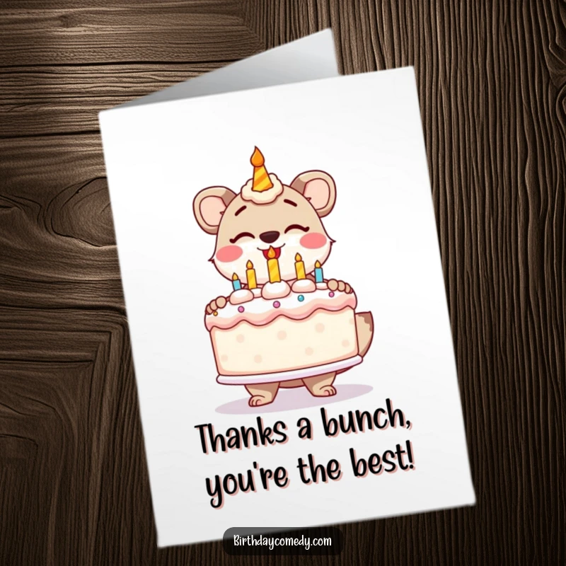 Funny Free Printable Thank You Card: Adorable animal presenting a giant frosted cake, a delightful way to say thanks.