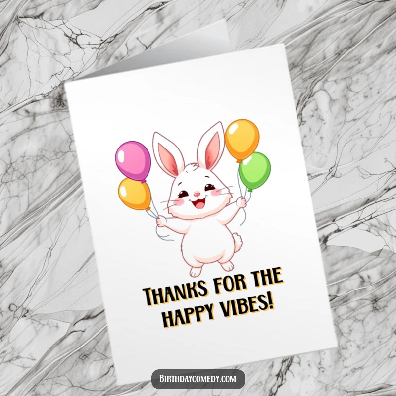 Funny Free Printable Thank You Card: A fluffy bunny with a wide grin, juggling an assortment of vibrant balloons.
