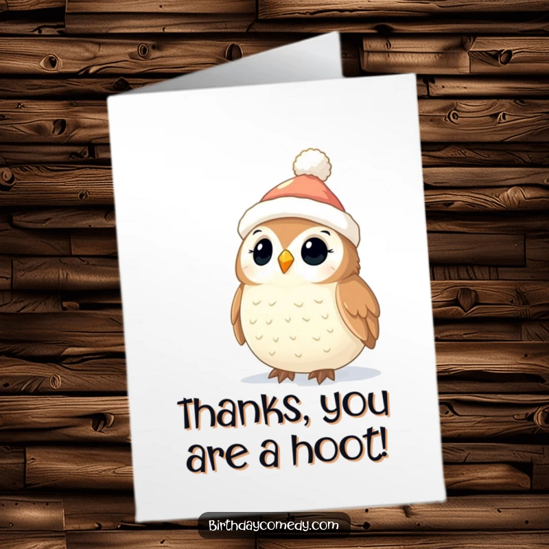 Funny Free Printable Owl Thank You Card: Sweet owl wearing stocking cap admires twinkling lights, offering thanks.