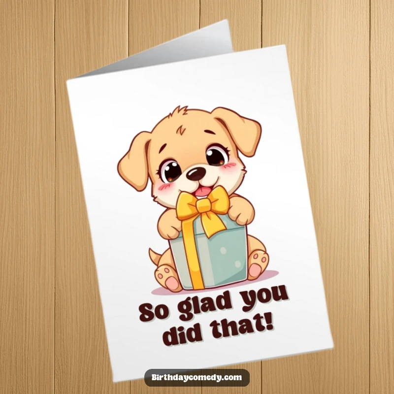 Funny free printable thank you card with an excited puppy popping out of a gift, conveying heartfelt thanks with a playful spirit.