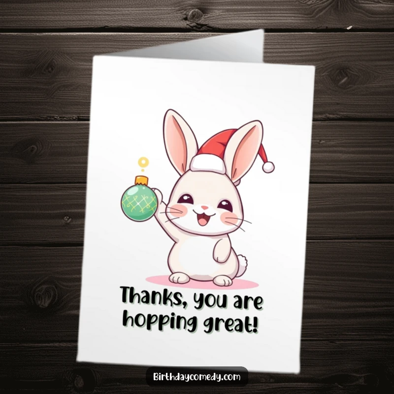 Funny Free Printable Rabbit Thank You Card: Joyful rabbit in festive hat holds a sparkling ornament, offering thanks.