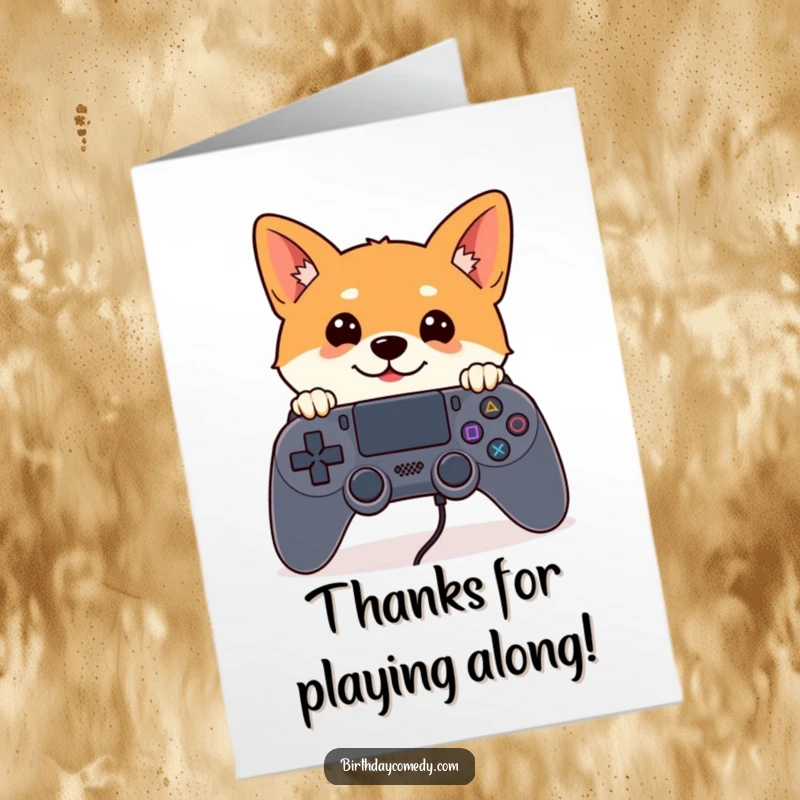 Funny Free Printable Thank You Card: A curious Shiba Inu peeking from behind a giant game controller, sending thanks.