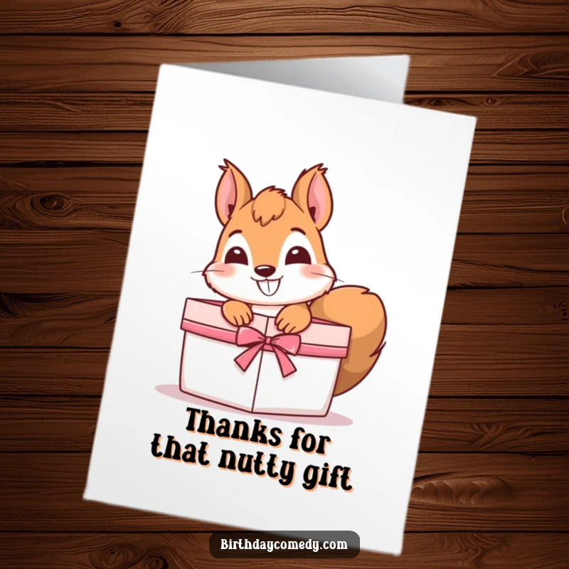 Funny free printable thank you card with a curious squirrel peeking from a gift box, offering a mischievous grin and thanks.