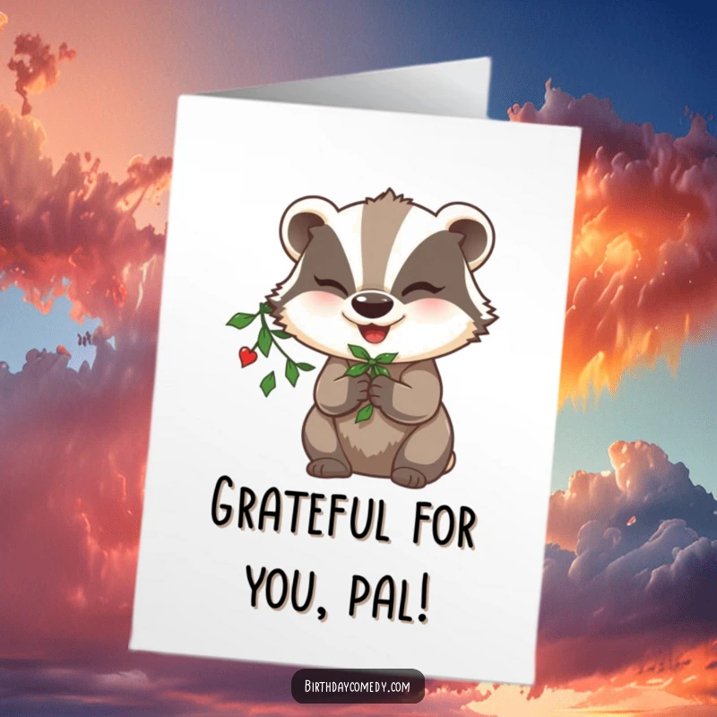 Funny free printable thank you card of a happy badger winking mischievously, holding mistletoe in its paw.