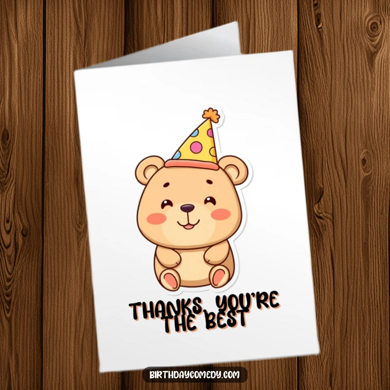 Funny Free Printable Thank You Card: Smiling bear humorously sporting an oversized party hat, sending thanks.