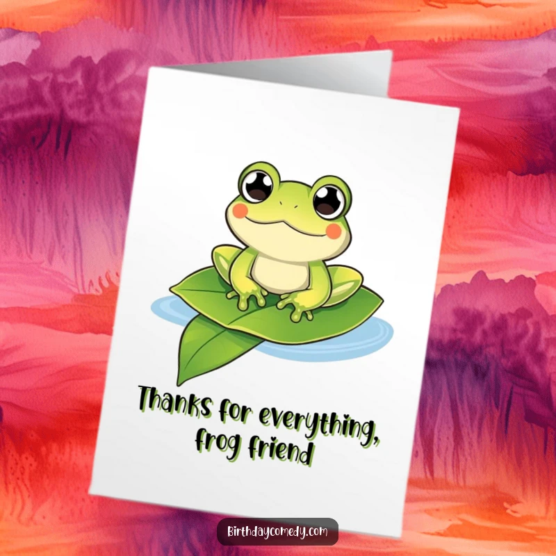 Funny Free Printable Thank You Card: A frog chilling on a leaf with eyes wide open, expressing thanks in a funny, relaxed way.