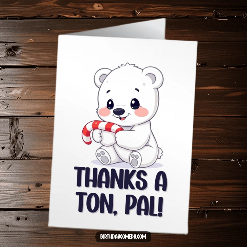 Funny free printable thank you card with a happy polar bear cub holding a candy cane, looking thoughtful.