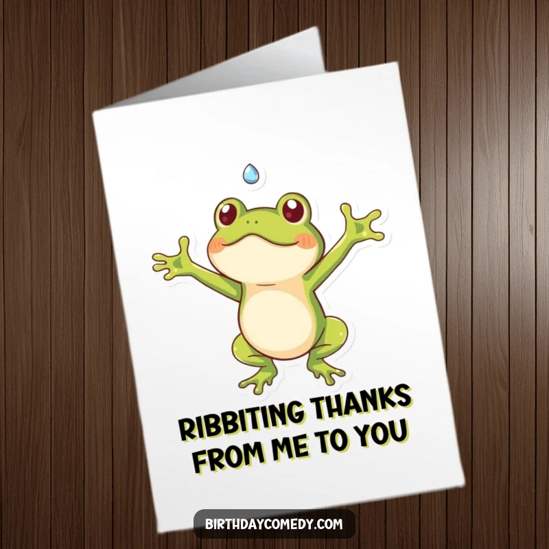 Funny Free Printable Thank You Card: A whimsical frog with outstretched arms captures a glistening dewdrop, symbolizing heartfelt thanks.