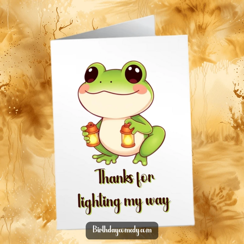 Funny Free Printable Thank You Card: Smiling frog holds a glowing lantern, conveying thanks with warmth.