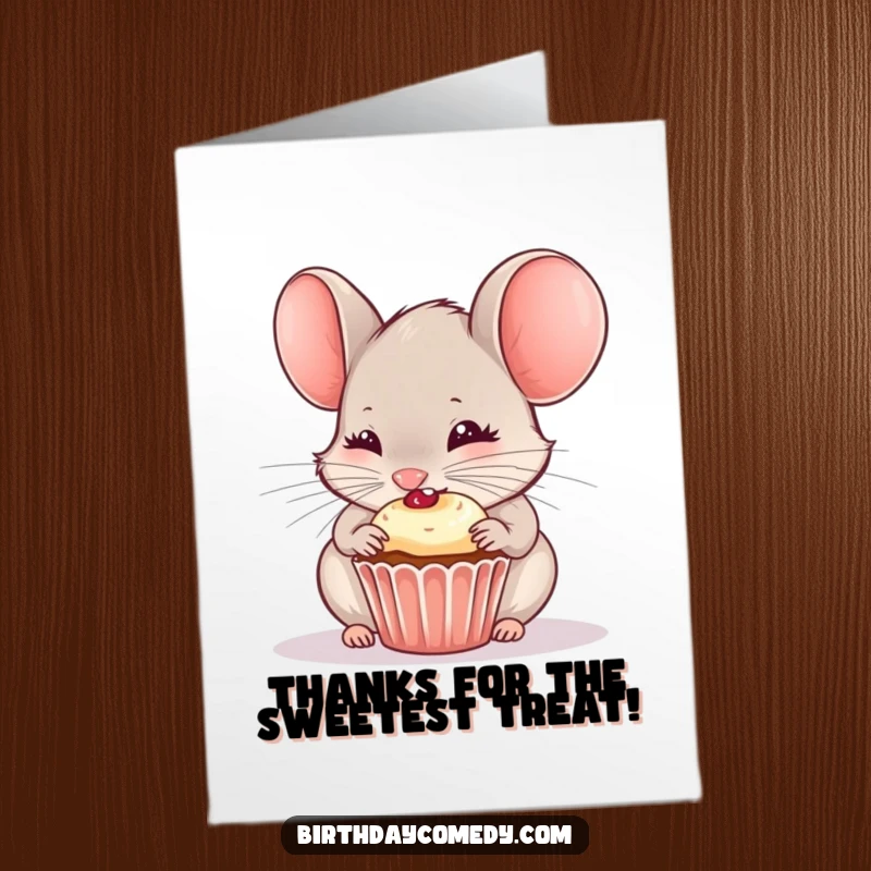 Funny Free Printable Thank You Card: A small, happy mouse is caught in the act of gleefully nibbling on a delectable mini cupcake.