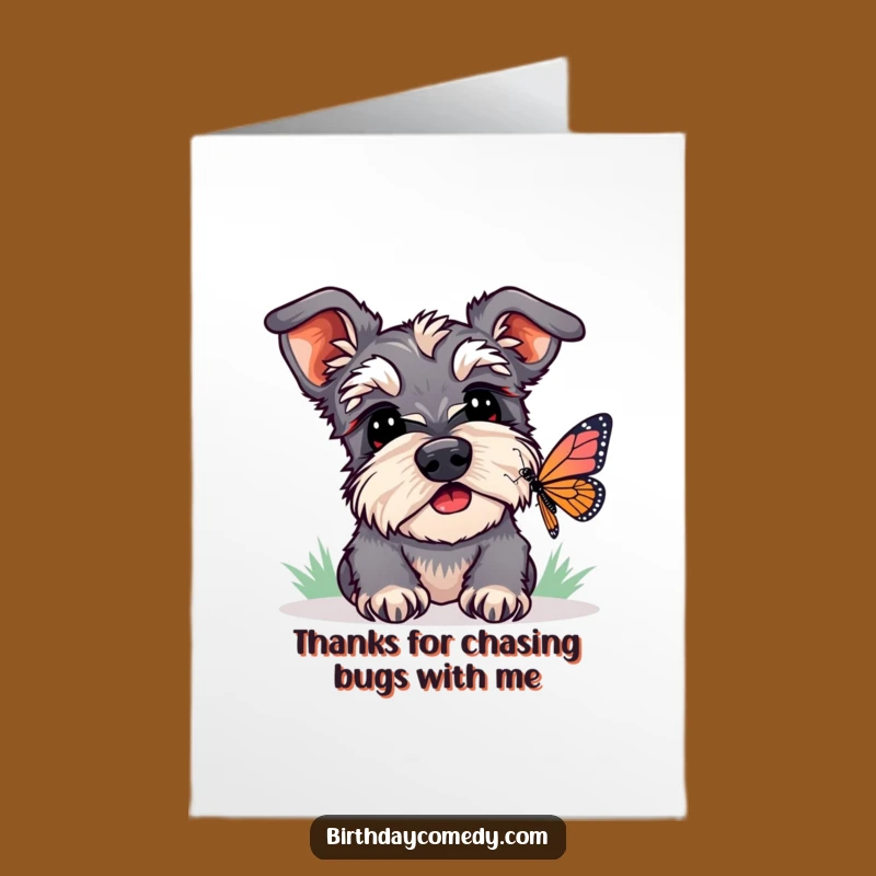 Free Printable Thank You Card: Playful Schnauzer Butterfly Funny Dog Downloadable Gift