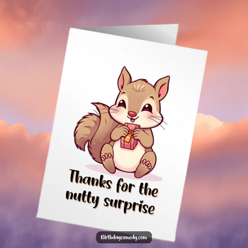 Funny free printable thank you card of a playful squirrel happily unwrapping a small present, expressing gratitude.
