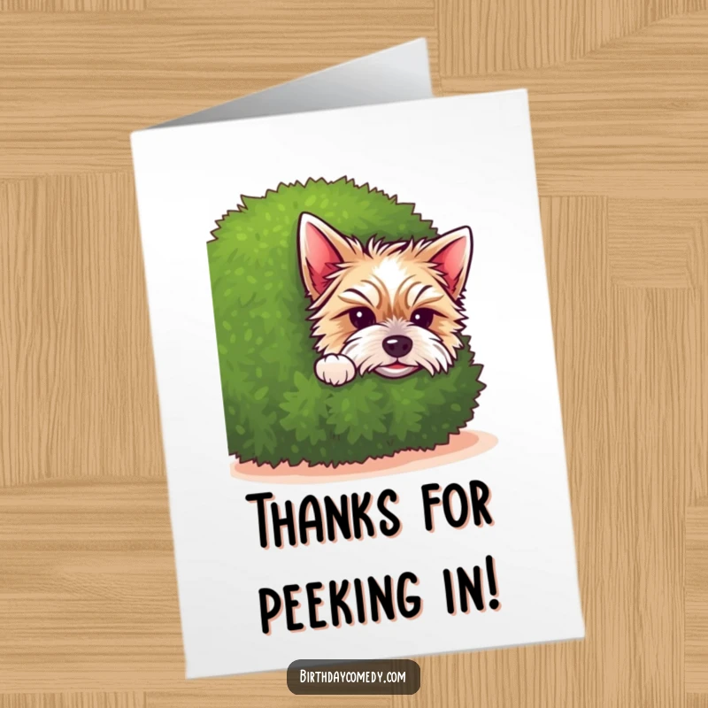 Free Printable Thank You Card: A terrier puppy peeking with its head out from a green shrub.