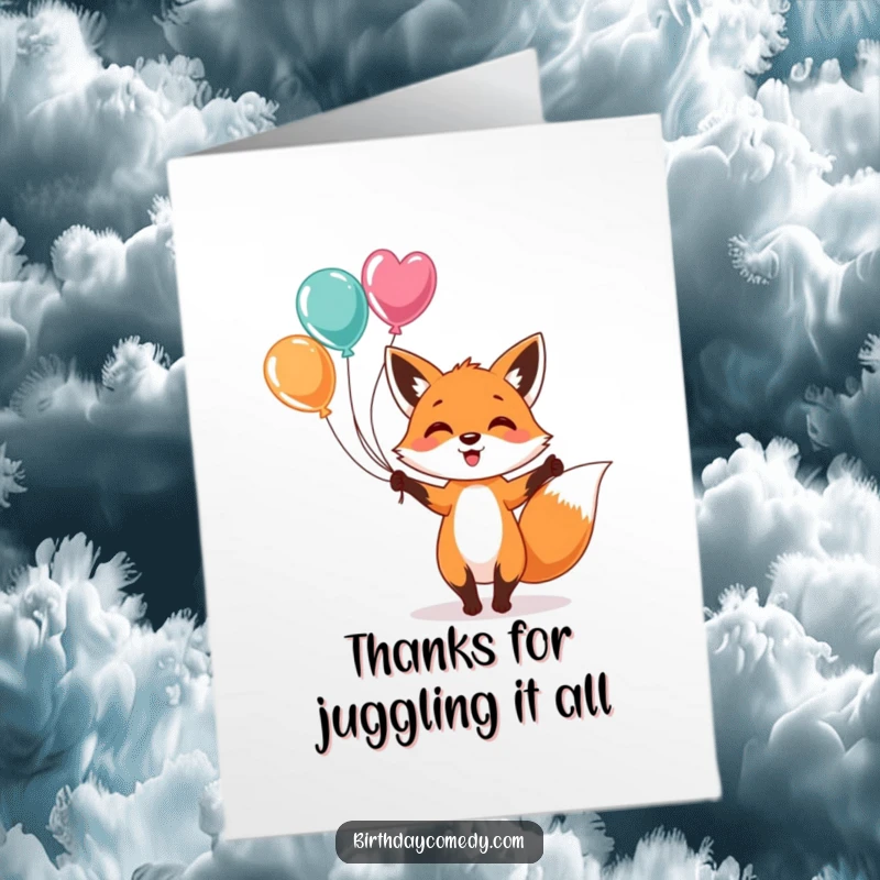 Funny Free Printable Thank You Card with a cheerful fox skillfully juggling vibrant balloons, expressing sincere gratitude.