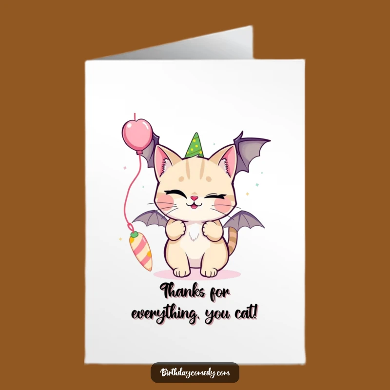 Free Printable Thank You Card: Winking Cat & Streamer, Funny Downloadable Gift for Thanks