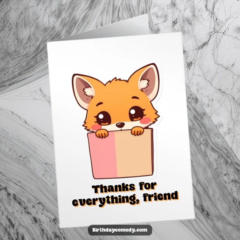 Funny Free Printable Thank You Card showcasing a tiny fox with curious eyes peeking from behind a huge gift box.