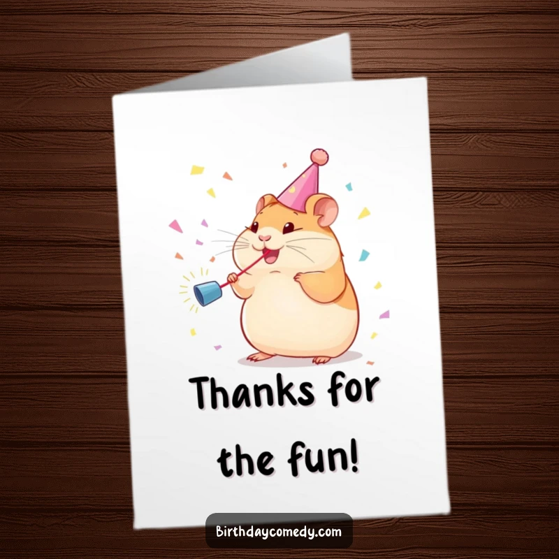 Funny Free Printable Thank You Card featuring a plump hamster in a streamer, chasing a confetti cannon blast with joy.