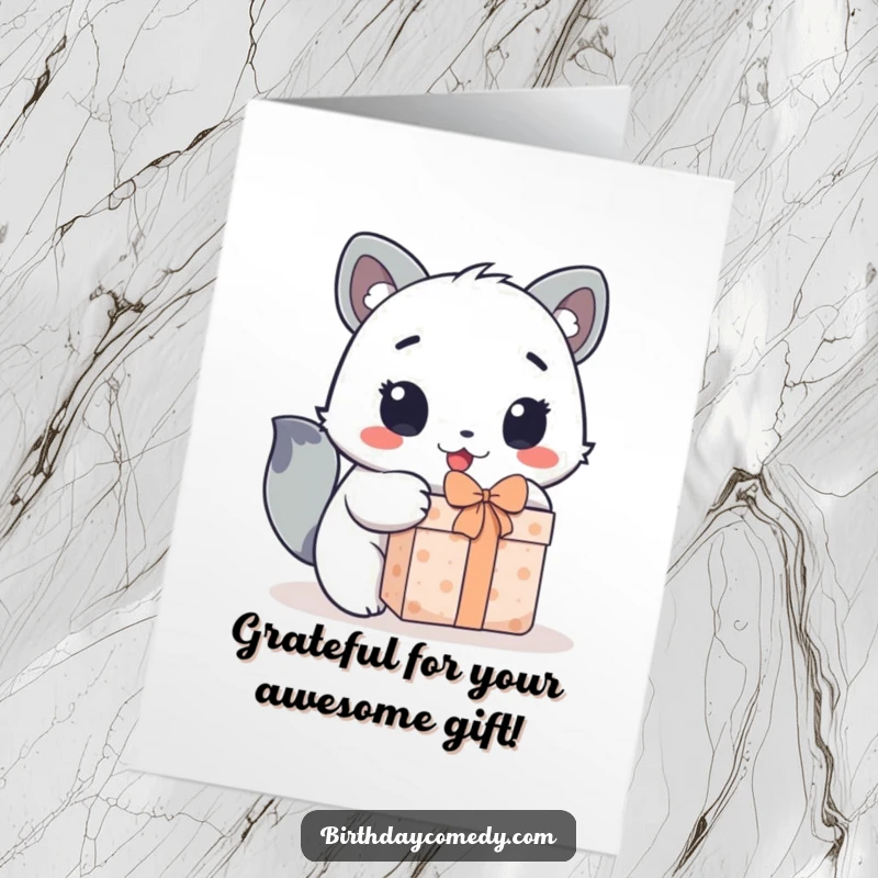 Funny Free Printable Thank You Card: Adorable animal with excitement unwrapping a gift, perfect for expressing gratitude.