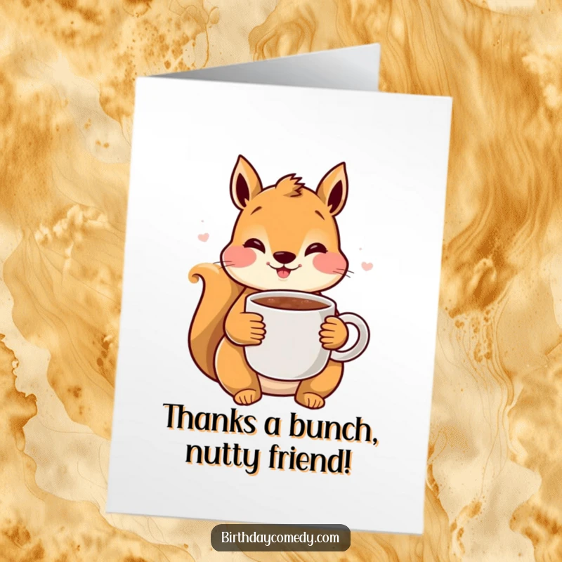Funny Free Printable Squirrel Thank You Card: Content squirrel with rosy cheeks happily sips cocoa, offering thanks.