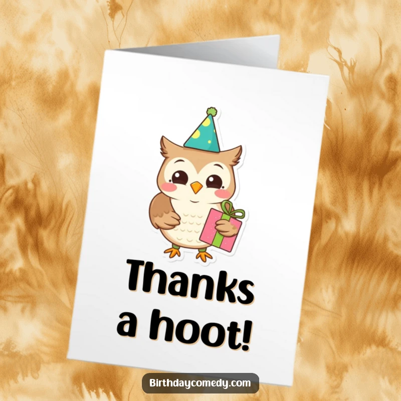 Funny Free Printable Thank You Card: Joyful owl with gift, conveying thanks with downloadable humor and sweetness.