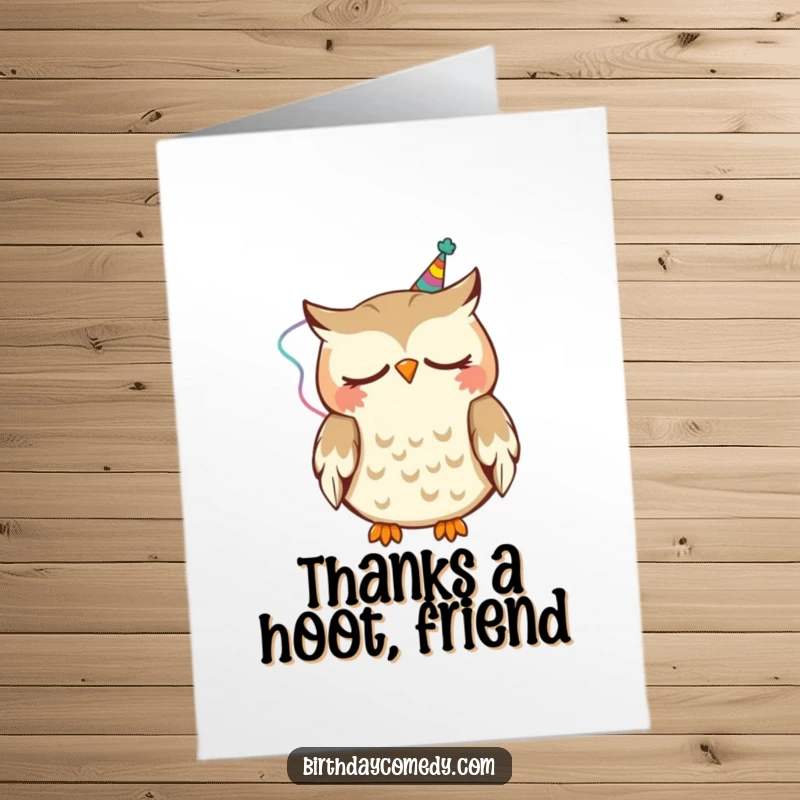 Funny free printable thank you card featuring a sleepy owl with a party streamer, giving a happy nod of thanks and gratitude.
