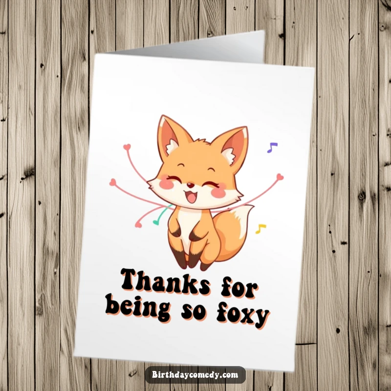 Funny Free Printable Thank You Card: A happy fox twirling gracefully, with streamers accenting its tail, conveying thanks.