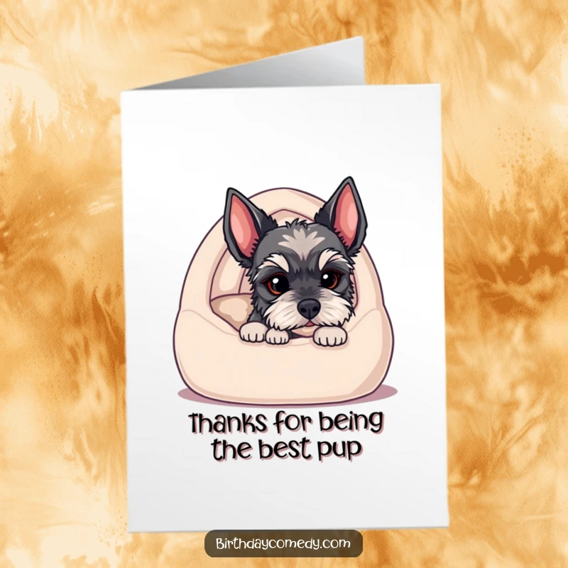 Cute Free Printable thank you card, schnauzer puppy peeking from cozy dog bed, adorable and heartwarming, downloadable.